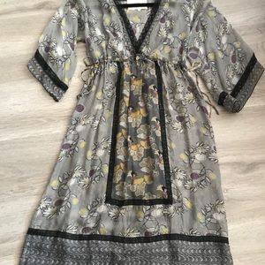Johnny Was Gray Floral Midi Dress with Black and Yellow Accents